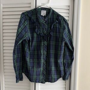 Green and blue Woman’s  shirt with ruffle . Size large